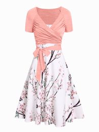 Casual Dresses Spring Flower Leaf Print Midi Cami Dress And Long Sleeve Heather Crossover Tied Cropped Top Outfit Vestidos De Fiesta 230511