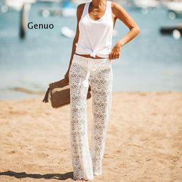 Women's Swimwear Brand Womens Crochet Beach Wide Leg Pants See Through Long Trousers CoverUps Female Summer Outfits 230510