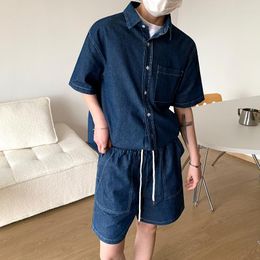 Men's Tracksuits Summer Blue Denim Set Men Fashion Oversized Short Sleeved Shirt/shorts Two-piece Mens Streetwear Korean Loose Sets