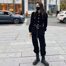 Women's Two Piece Pants With Belt Corduroy Set Women 2023 Winter 2-piece Long-sleeve Doll Collar Top Straight Trousers Fashion Casual
