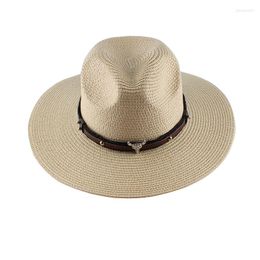 Berets 58-60CM Western Cowgirl Hat Natural Panama Soft Shaped Straw Hats Women Tide Summer Outdoor Casual Men Jazz Beach Sun Cap