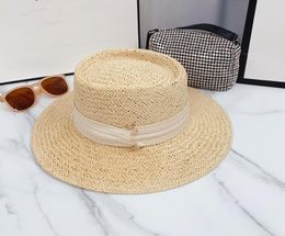 Simple Designer classic letter straw hat female summer sun protection visor hat flat top England small fresh top hats travel holiday seaside beach cap