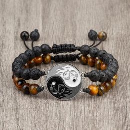 Strand 2Pcs Dragon Tai Chi Braided Bracelets Natural 6mm Tiger Eye Black Lava Stone Beads Bangles For Couples Romantic Jewellery Gifts