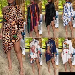 2023 Designer Women Dresses New Sexy Leopard Printed One Sleeve Off Shoulder Irregular Dress Plus Size Clothing