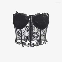 Women's Tanks Corset-style Embroidered Bustier Tube Top 2023 Fashion Y2K Clothes Sexy Black Lace Women's Cinched Waist Strapless Vest