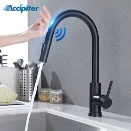 Kitchen Faucets Pull Out Black Sensor Stainless Steel Smart Induction Mixed Tap Touch Control Sink and Cold Water Mixer 230510