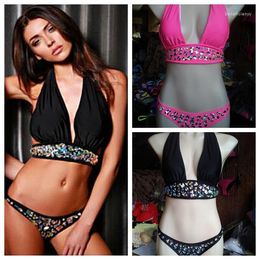 Women's Swimwear 2023 Arrival Top Sexy Forever Diamond Two Pieces Black And Pink Swimsuit Bikini