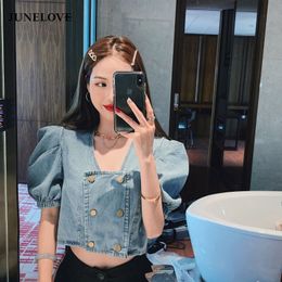 Women's Blouses Shirts HStar Korean Women Short Sleeve Vintage Square Double Breasted Button Denim Blouse Ladies Crop Top Shirt Sexy Slim Blusas Tee 230510