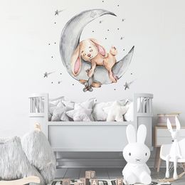 Party Decoration Cartoon Bunny Bear Sleeping on the Moon and Stars Wall Stickers for Kids Room Baby Decals Interior 230510