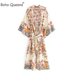 Swimwear Boho Queens Vintage Chic Women Multi Floral Print Sashes Bohemian Kimono Ladies V Neck Batwing Sleeves Maxi Robe Coverups