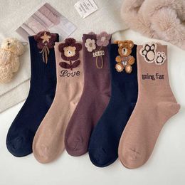 Socks Hosiery Fashion retro cute cotton cartoon socks bear half girls comfortable half tube half autumn winter soft socks for woman P230511