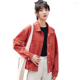 Women's Jackets Brick Red Retro Denim Jacket Women's Spring Autumn Jeans Coat Tops Short Loose Single Breasted Casual Outerwear Tooling