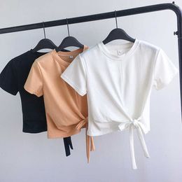 Women's T-Shirt 2023 Summer Fashion Y2K T-shirt Woman Korean Bandage Sexy Crop Top Women Short Sleeve Skinny Kpop Tee Shirt Femme Solid Cloth P230510