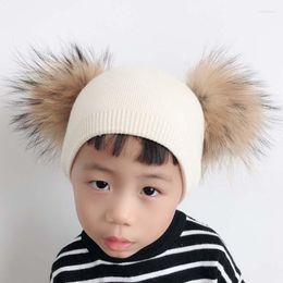 Berets Winter Baby Hat With Two Fur Pompom Boy Girls Cashmere Wool Knitted Beanie Kids Caps Double Real Pom For Children