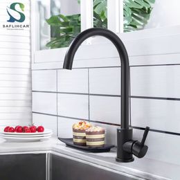 Kitchen Faucets Matte Black Single Handle 360 Degree Rotation Crane And Cold Water Mixer Deck Mount 230510