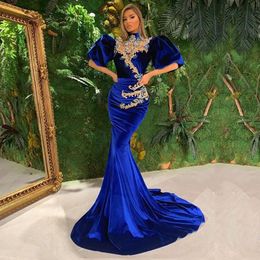 Arabic Evening Dresses Gold Appliques Beaded Velvet Mermaid Prom Gown Blue Celebrity Party Dress vestido de fiesta largo