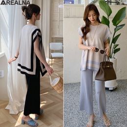 Women's Two Piece Pants Knit Set for Women Ice Silk Sleeveless Shirt Tops Wide Leg Fluid Pants Set Woman 2 Pieces Oversize Elegant Outfits Knitted Suit 230511