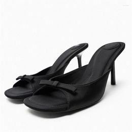 Sandals TRAF 2023 Woman Black Bow Heeled Mules Casual Squared Toes Stiletto High Heel Vintage Slingbacks Comfortable Pumps Women