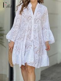 Casual Dresses Summer Loose Vintage Solid Lace Dress Fashion V-neck Flare Sleeve Embroidery Dress Women Sexy Hollow Out Pattern Mini Dresses 230511