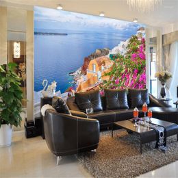 Wallpapers Santorini Island Greece Bright Coloured Flowers Po For Living Room Mediterranean Mural 3D Wall Papers Home Decor