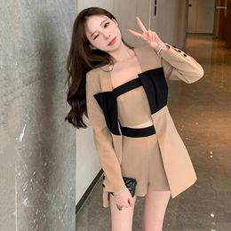 Women's Tracksuits Spring Summer Fashion 3 Piece Khaki Elegant Blazer Camisole Shorts Sets Long Sleeve Suit Jacket Office Lady Work Women