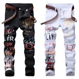 Mens Jeans High Street Fashion Night Club Black White Colour Personal Designer Printed Men Punk Pants Skinny Hip Hop 230511