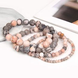 Natural Frosted Pink Zebra Mineral Stone Bracelets Handmade Matte Stone Bead Bracelet Women Men Yoga Meditation Jewellery Gift 1pc