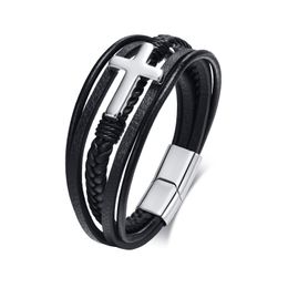 Stainless Steel Cross Multilayer Leather Bracelet Black Men's Jewelry Boyfriends Gifts Magnetic Closure Bracelets 7.87inch Son Graduation Birthday Gift from Mom