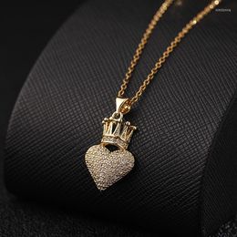 Pendant Necklaces Luxury Gold Colour Crown Heart Shape Necklace Full Filled Zircon Long Chain For Men Women Hip Hop Jewellery