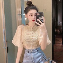 Women's Blouses Fashion Women's Puff Short Sleeve Pearl Button Embroidery Tops Court Style Ladies Summer Vintage Black White Lace Shirt