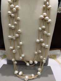 Chains 10-11MM Baroque Natural Fresh Water Pearl Necklace Long 80CM Multilayer Leather Fashion Women Jewellery