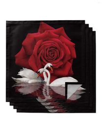 Table Napkin 4pcs Valentine'S Day Roses Swan Lake Square 50cm Wedding Decoration Cloth Kitchen Dinner Serving Napkins