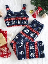 Women's Two Piece Pants ZAFUL Christmas Snowflake Print Crop Top And Pyjamas Set Women Xmas Loungewear Sets