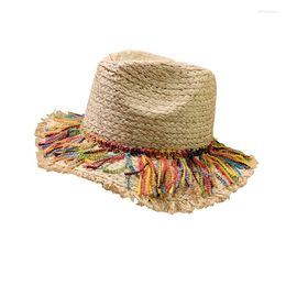 Wide Brim Hats 2023 RAFFIA Summer Panama Hat Women Casual Tassel Flat Fedora Jazz Cap Travel Beach Sun European Spring Chapeau Femme