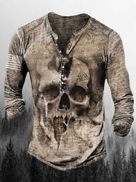 RUKAS Shirt Henly T-shirt Graphic Skull Henly Military Green khaki Brown Grey Large Outdoor Casual Long Sleeve Button Down Jacket