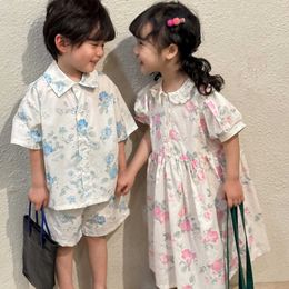 Clothing Sets Boy Summer Breathable Short Sleeves Shirt Cool T-shirt+ Flower Print Shorts Girl Children Loose Sweet Lace Collar Princess Dress AA230510