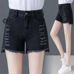 Women's Jeans Black Ripped Denim Shorts Women Summer 2023 High Waist Stretch Casual Wild Hole Student Pant Thin 309