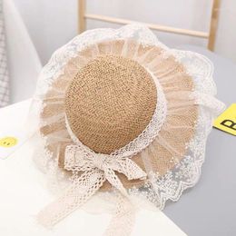 Berets Cute Beach Hats Kids Girls 2023 Fashion Summer Lace Flowers Caps Breathable Straw Hat Elegant Sunhat Lovely Baby Bonnet