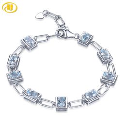 Chain Genuine Aquamarine Solid Silver Bracelet S925 Natural Light Blue Gemstone 3 6 Carats Unique Special Style Women Birthday Gift 230511