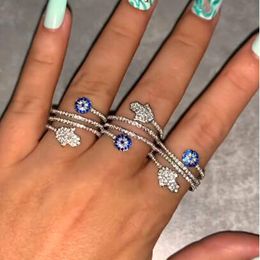 Band Rings High Quality Screw Twist Ring Micro Pave White Blue Cubic Zirconia 5A CZ Fatima Hamsa Hand Round Eye For Women Jewellery 230511