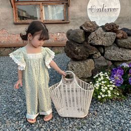 Clothing Sets 2023 Korean Summer Kid Girl Onesie Cotton Floral Fly Sleeve Patched Lace Ruched Square Collar Wide Leg Pants 230511