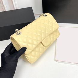 Womens Yellow Lambskin CF Quilted Bags Classic Double Flap Quilted Purse Gold/Silver Metal Hardware Matelasse Chain Crossbody Shoulder Handbags 25CM