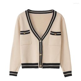 Women's Knits Autumn Winter Knitted Cardigan Women Sweater Ladies White Red England Style Female Striped Coat Knitwear Tops