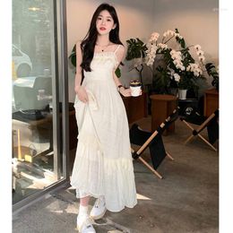 Casual Dresses 2023 Dress Summer French Korean Mechanism Dark Pattern Hanging Strap Wooden Ear Edge Long Style