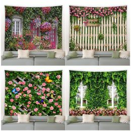 Garden Decorations Spring Butterfly Flowers Tapestry Retro Wooden Fence Nature Pink Rose Plants Floral Wall Hanging Home Decor Scenery Cloth 230511