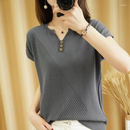 Women's T Shirts Pure Cotton T-shirt Women 2023 Summer V-neck Pullover Solid Colour Knitwear Overside Casual Sweater Short-sleeved Tees