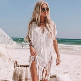 Swimwear New Knitted Beach Cover Up Women Bikini Swimsuit Cover Up Hollow Out Beach Dress Tassel Tunics Bathing Suits CoverUps Beachwear