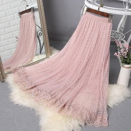 Skirts Spring Elegant Lace Patchwork Mesh Midi Skirts Women Elastic waist Polka Dot print Pleated Skirt A Line Long Tulle Skirt 230511