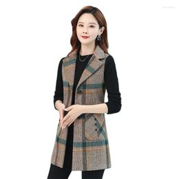 Women's Vests 2023 Spring And Autumn Plaid Waistcoat Middle-Aged Elderly Women's Loose Mother Suit Collar Blouse Mid-Long Sleeveles