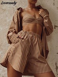 Women's Two Piece Pants Tracksuit Stripe Shirt Shorts Three Set Long Sleeve Top And Mini Outfit Female Summer Lady Suits 230511